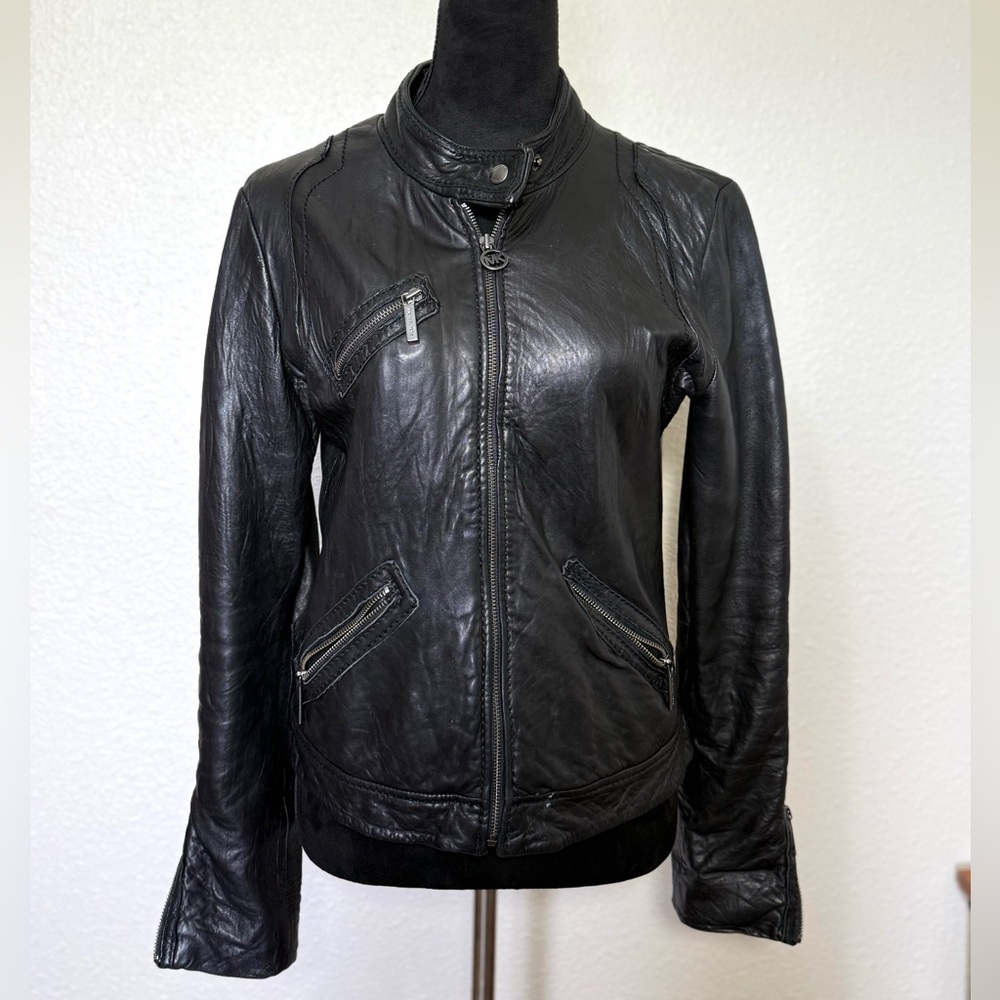 Michael Kors Black Leather Moto Jacket Medium Slim Fit Biker Genuine Leather